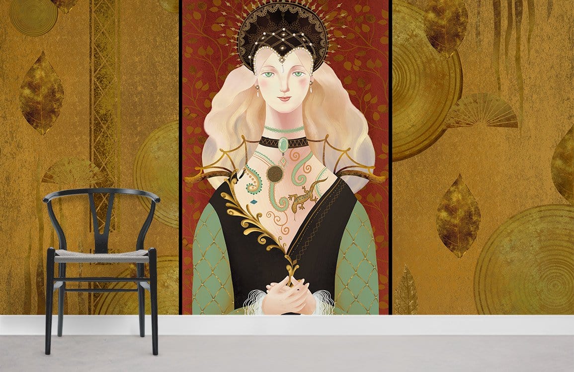 Baroque Elegance Wallpaper with golden hues, rich red design, black chair, white skirting, modern decor.