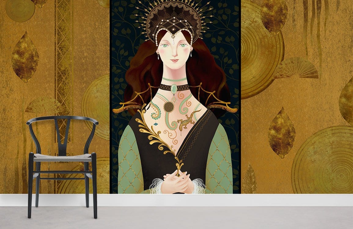 Elegant Medieval Woman Mural Wallpaper with chair, gold accents, deep green elements, and minimalistic design.