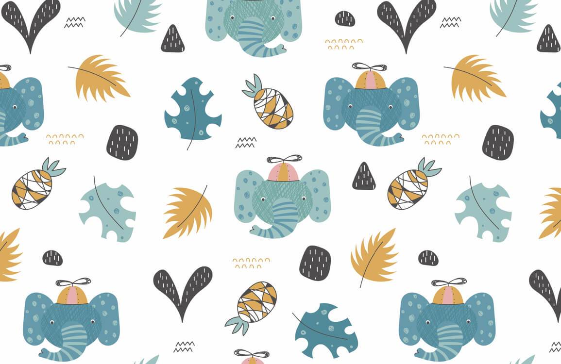 Whimsical Elephant Jungle Wall Mural: Blue, Yellow, Grey Safari Patterns