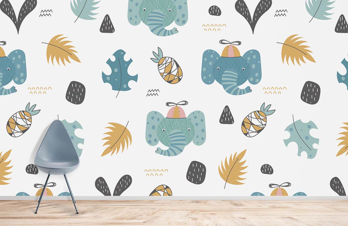 Whimsical elephant jungle wall mural with blue chair and light wood flooring in contemporary room.