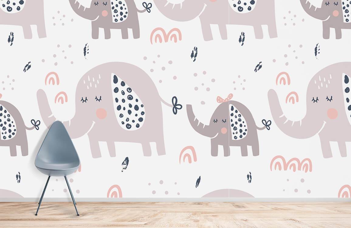 Grey Elephant Nursery Wallpaper with pastel accents, wooden flooring, stylish chair, ideal for child's room.