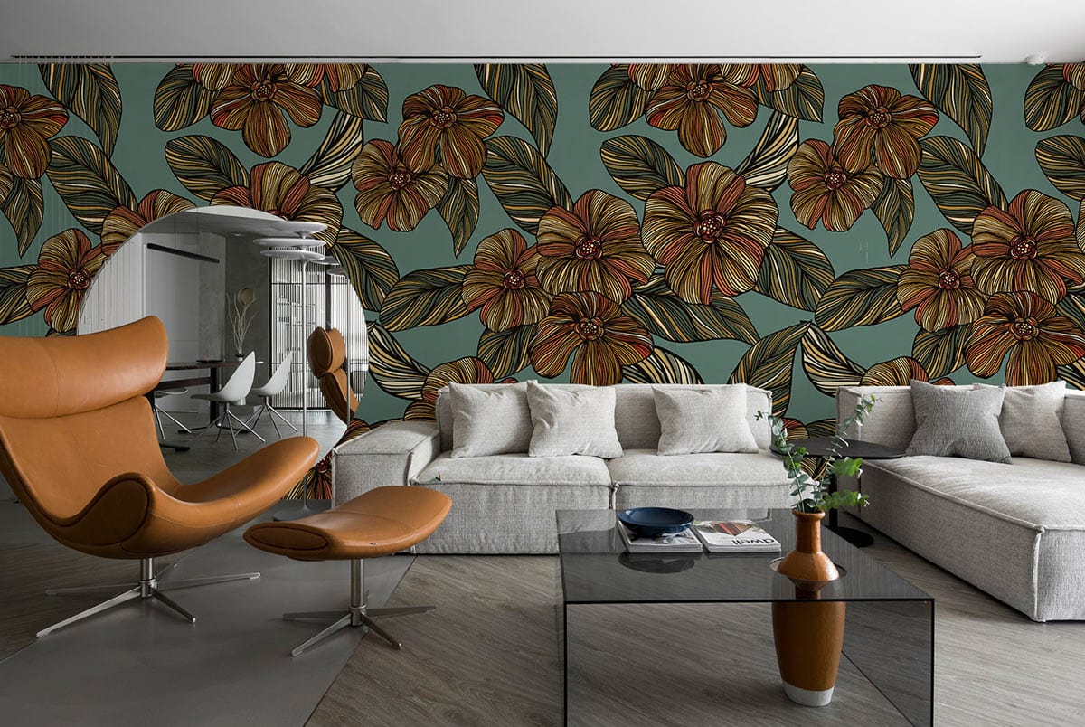 Vintage botanical floral wallpaper, earthy tones, modern living room, grey sectional sofa, brown chair, wood flooring.