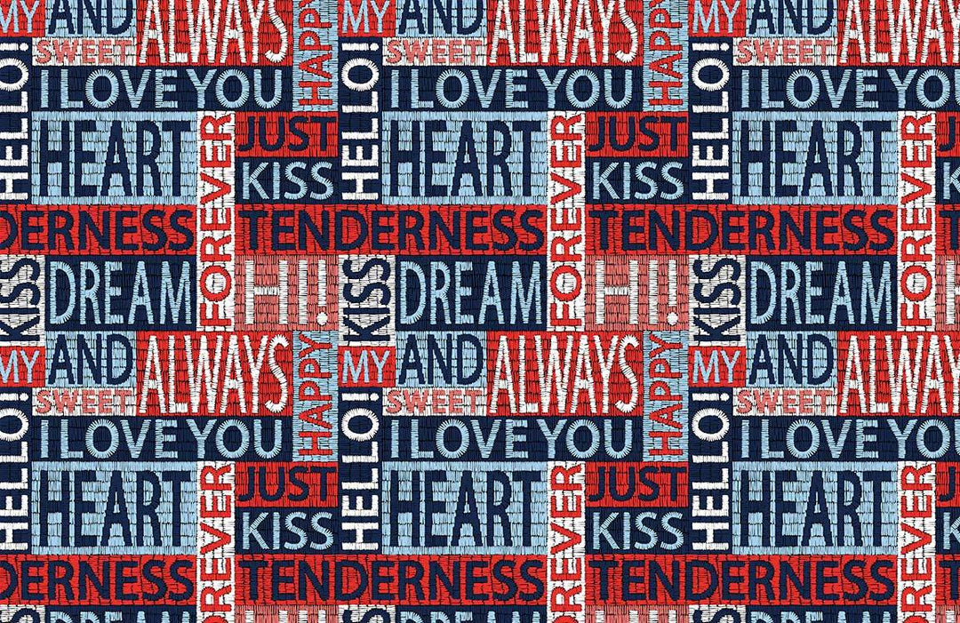 Romantic Typography Wall Mural in Red, Blue, and Grey Tones