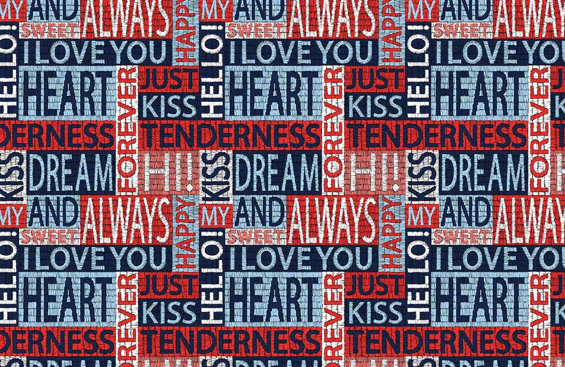 Romantic Typography Wall Mural in Red, Blue, and Grey Tones
