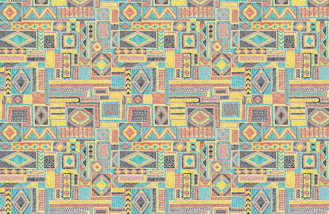 Bohemian Geometric Patterned Wallpaper in Vibrant Pastel Ethnic Style Design.
