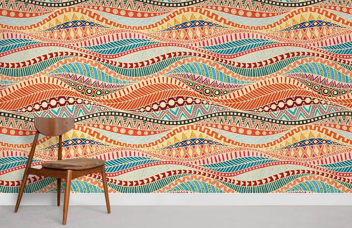 Vibrant Tribal Bohemian multicolour wallpaper with wooden chair on grey flooring in a stylish room.