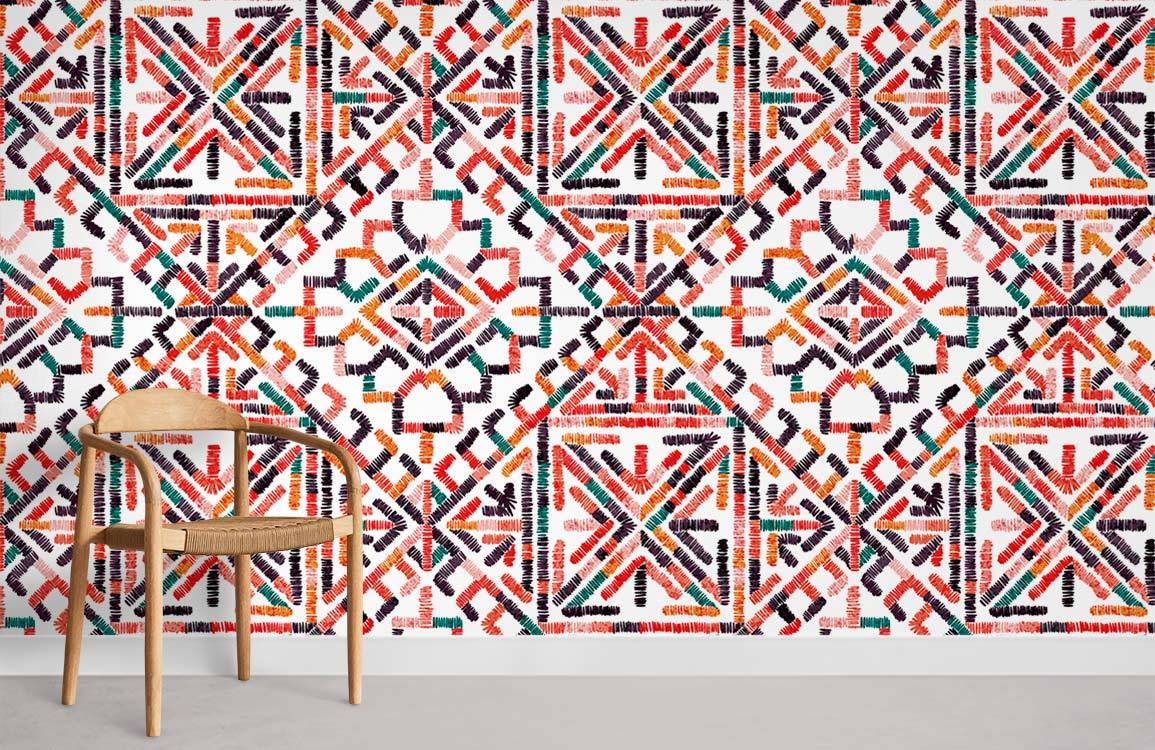 Vibrant geometric bohemian style wallpaper design with wooden chair, grey flooring, in modern room setting.