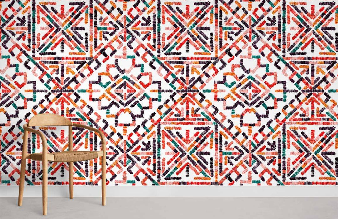 Vibrant geometric bohemian style wallpaper design with wooden chair, grey flooring, in modern room setting.