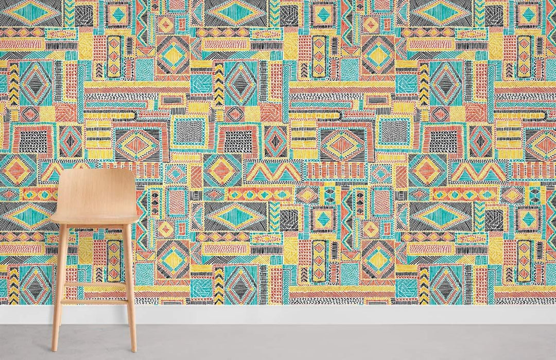 Bohemian Geometric Patterned Wallpaper, vibrant pastel ethnic design, wooden chair, concrete flooring, colourful room.