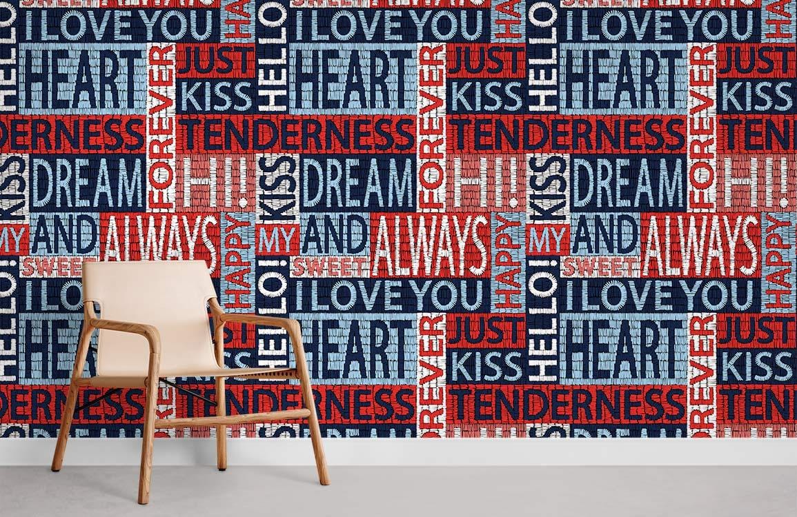 Romantic Typography Wall Mural in red, blue, grey tones; minimalist chair; contemporary living room decor.