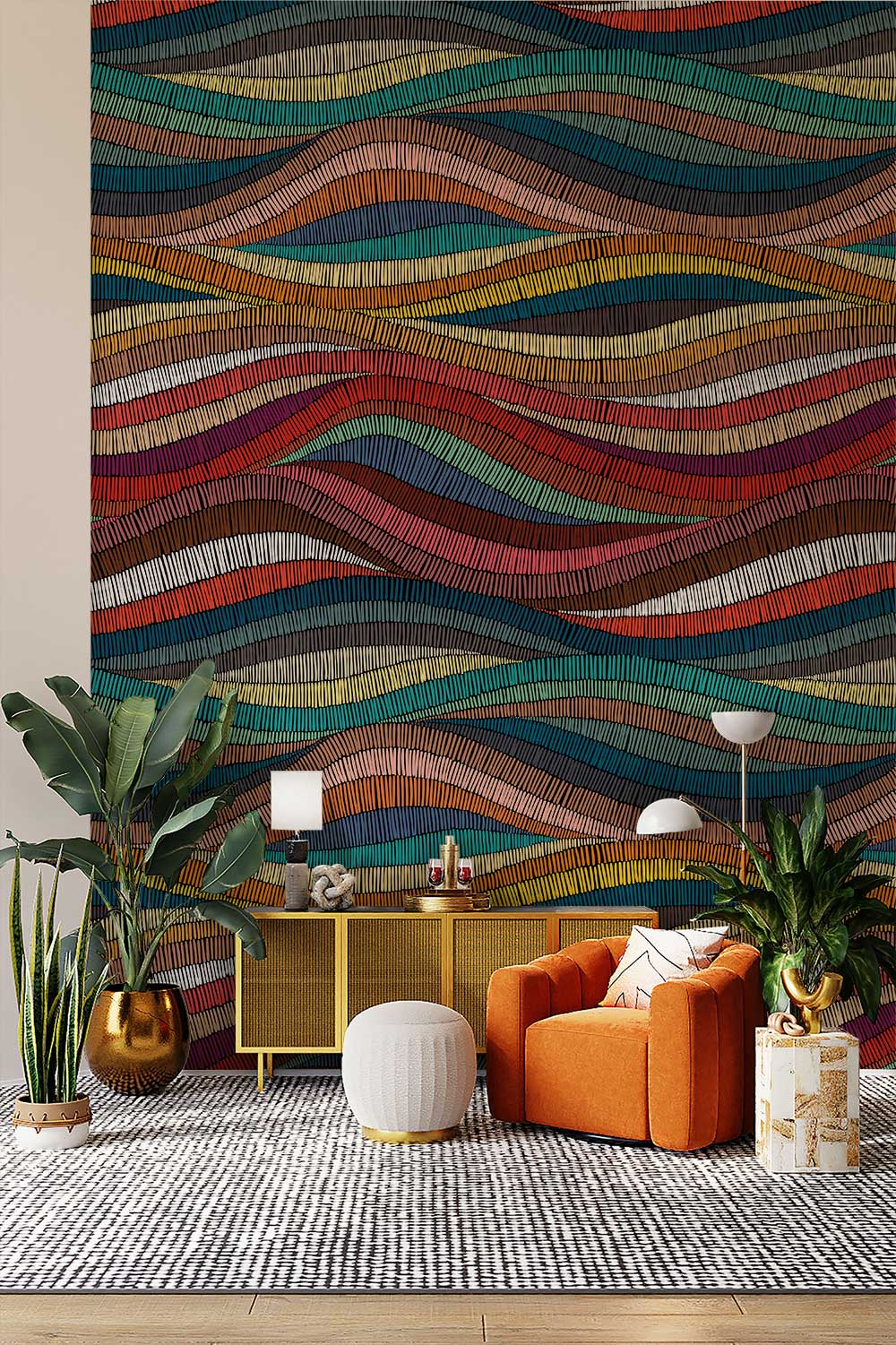 Colourful Geometric Wave Pattern Wallpaper, modern living room, orange sofa, stylish flooring, vibrant decor.