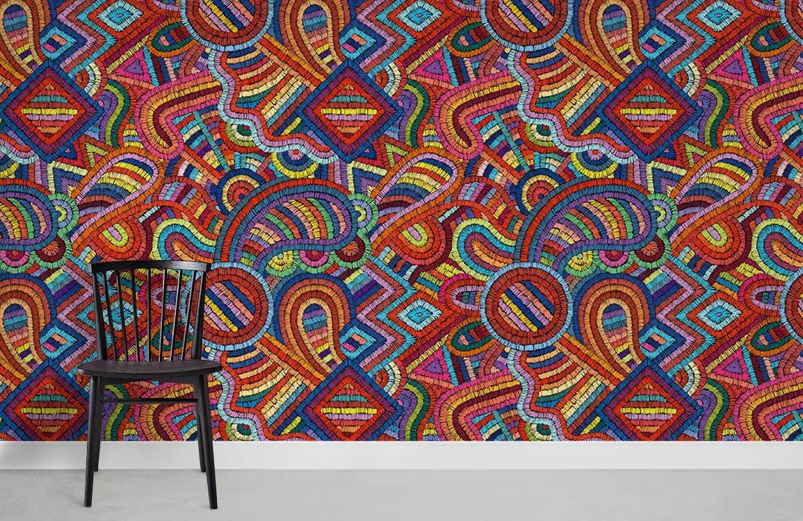 Vibrant multicoloured geometric pattern wallpaper with black wooden chair, grey flooring in modern room.