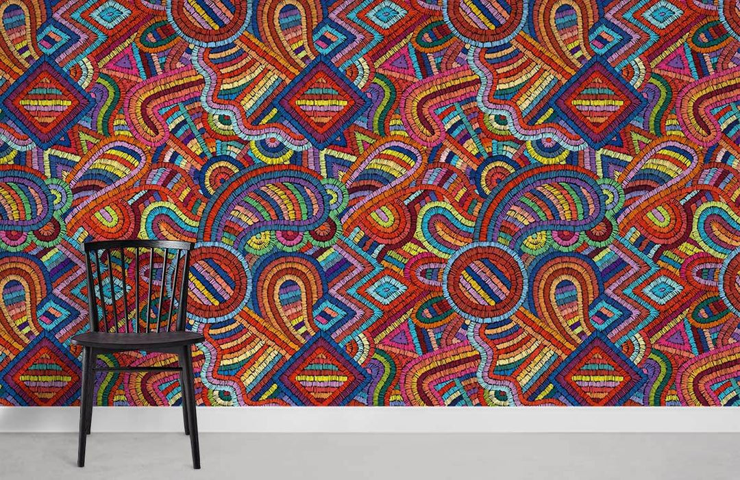 Vibrant multicoloured geometric pattern wallpaper with black wooden chair, grey flooring in modern room.