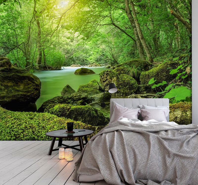 Serene Forest Stream Mural Wallpaper, tranquil bedroom with grey bedding, wooden flooring, modern decor.