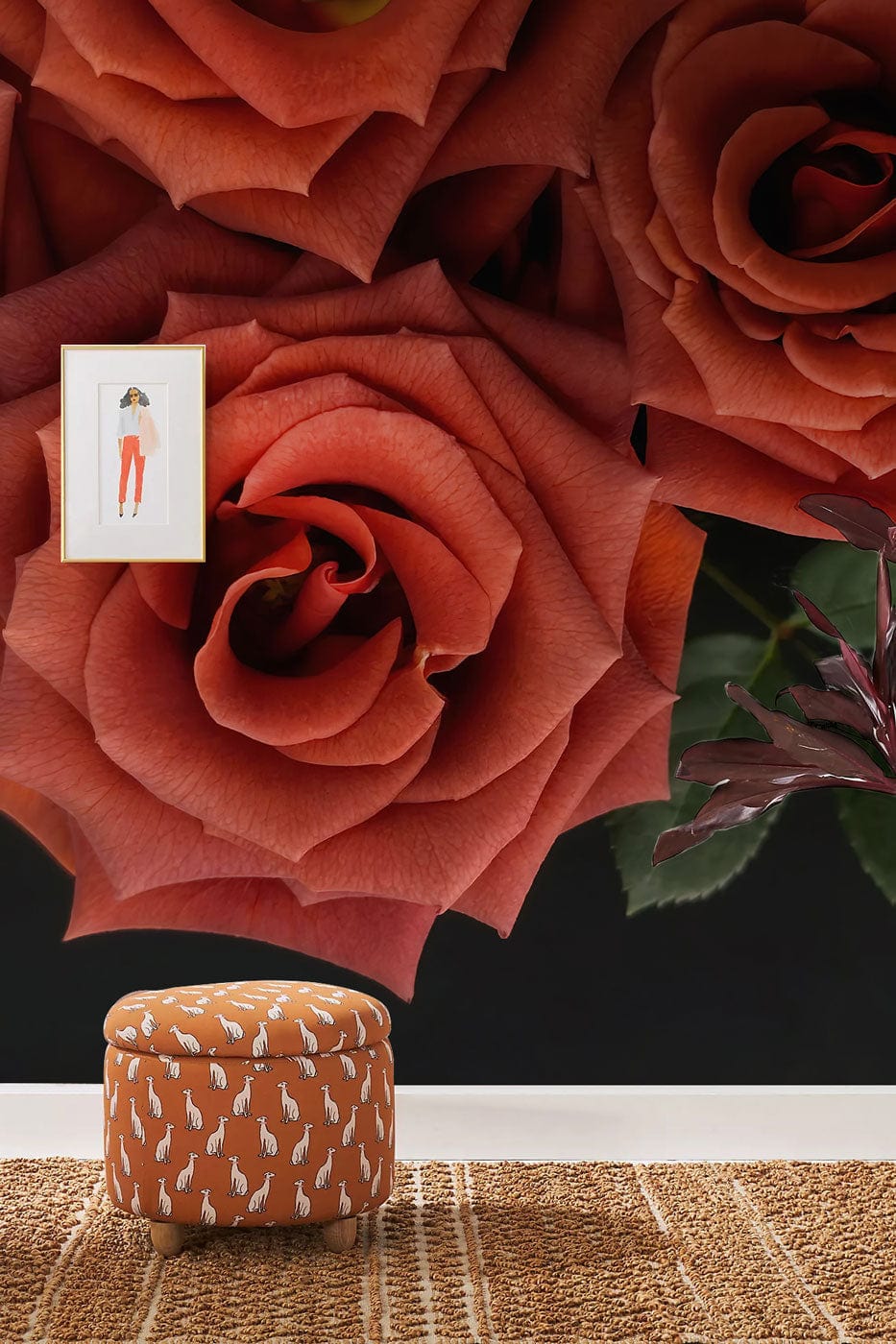 Elegant Terracotta Rose Blossom Wallpaper with Dark Botanical Elements ...