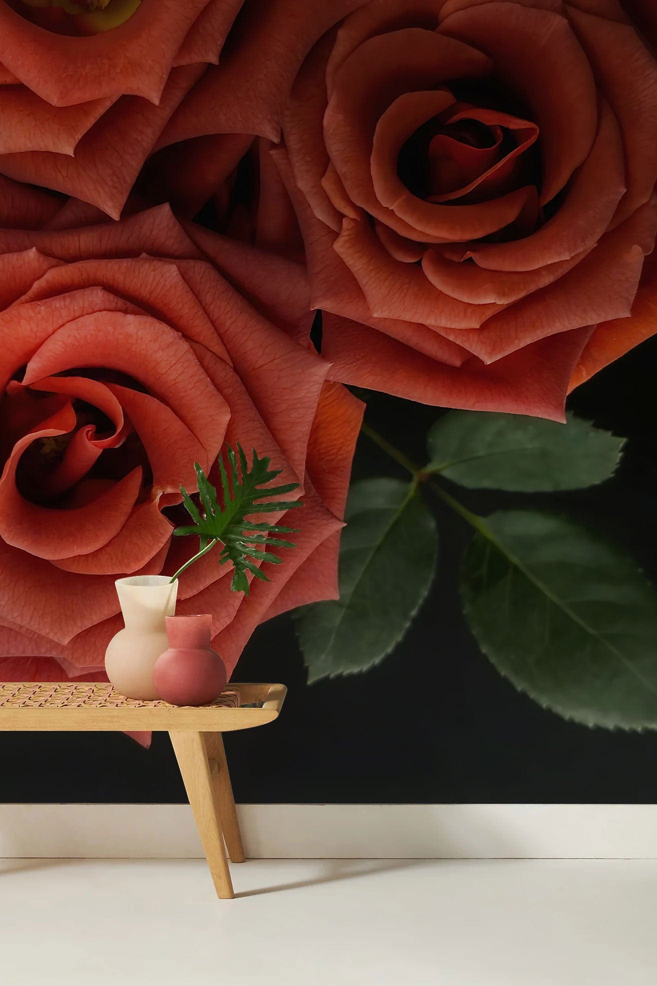 Elegant Terracotta Rose Blossom Wallpaper with Dark Botanical Elements ...