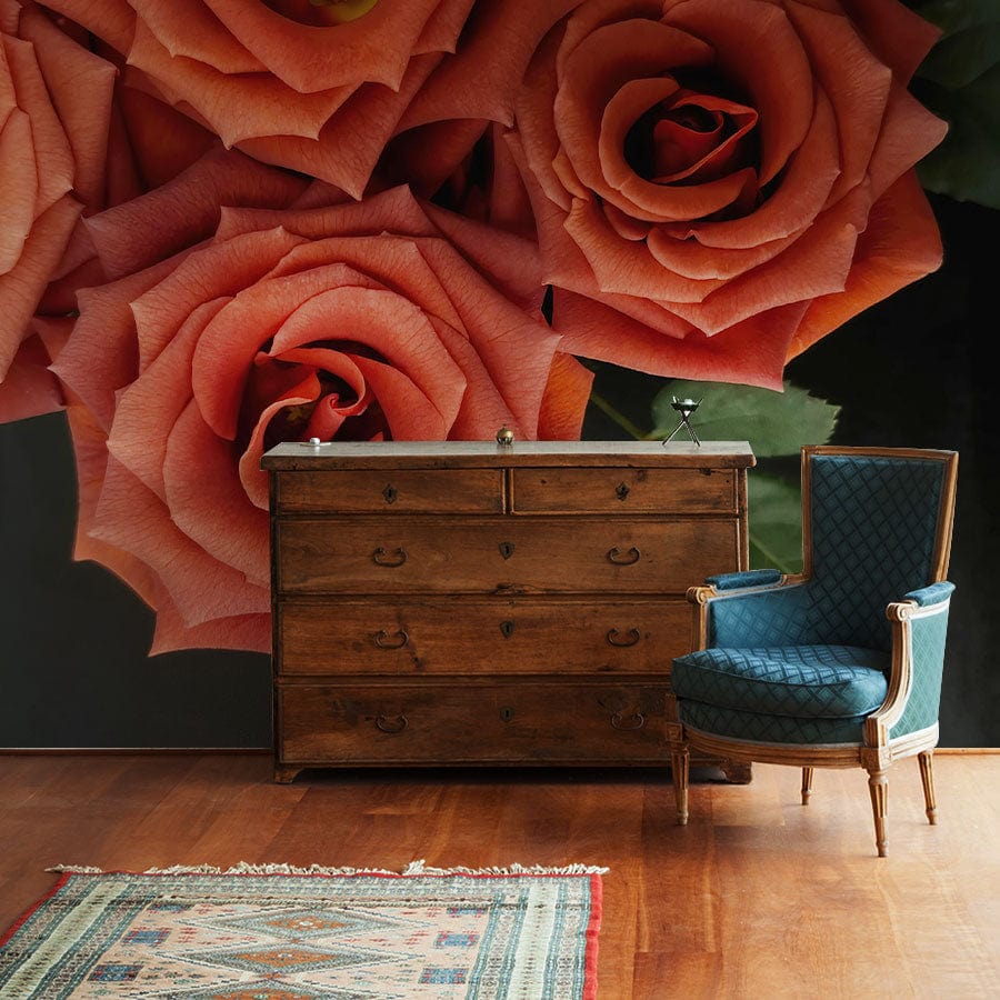 Elegant Terracotta Rose Blossom Wallpaper with Dark Botanical Elements ...