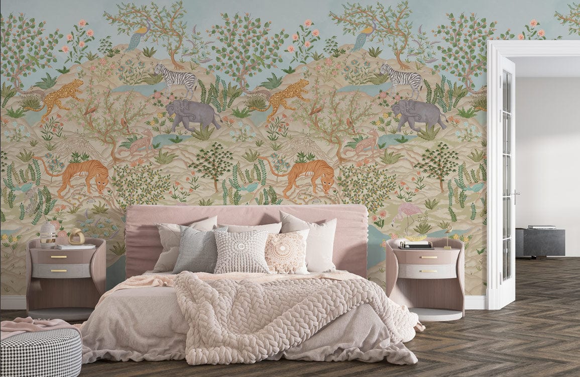 Exotic jungle safari mural wallpaper in soft pastel tones, contemporary bedroom with chic bedding and parquet flooring.