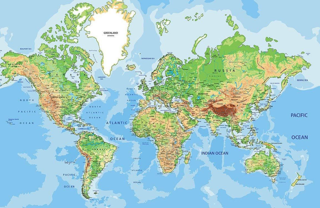 Vintage World Map Mural Wallpaper - Green and Blue Geographic Design