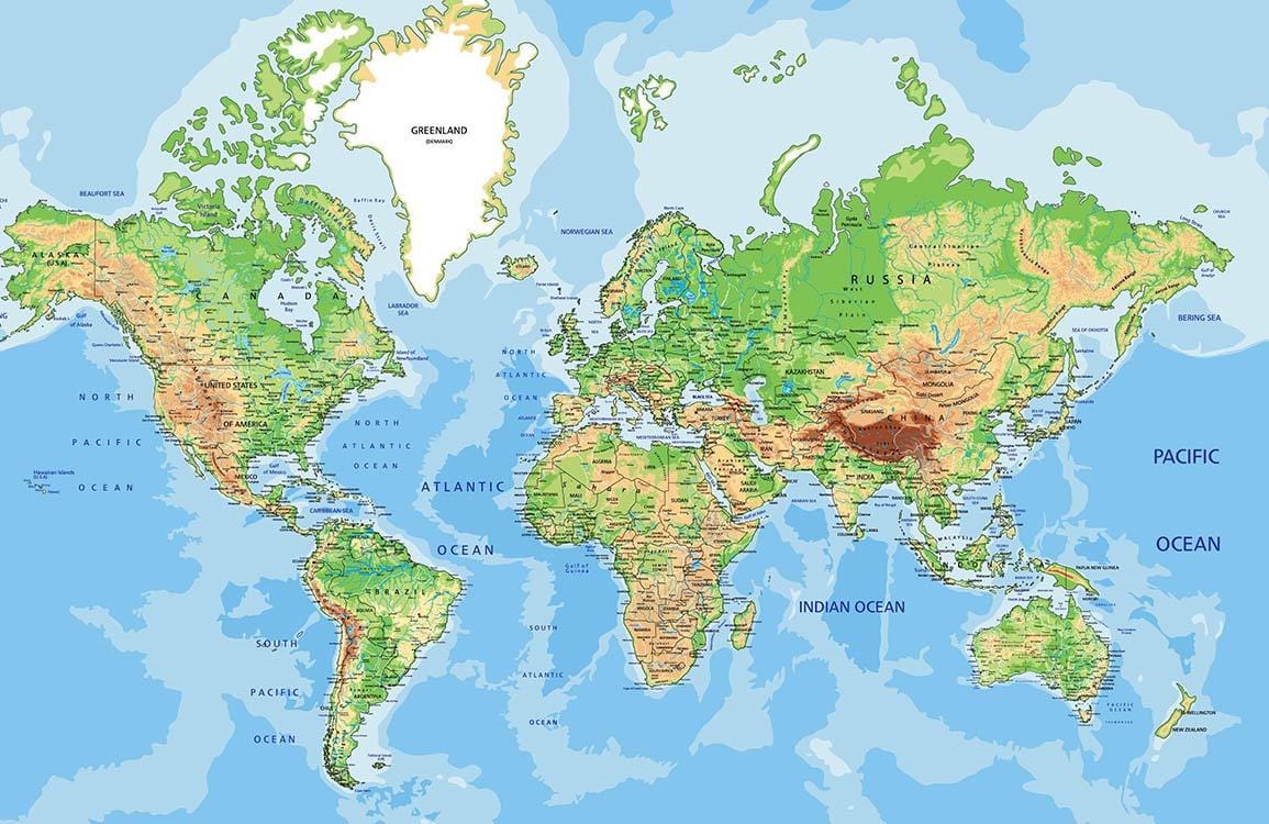 Vintage World Map Mural Wallpaper - Green and Blue Geographic Design