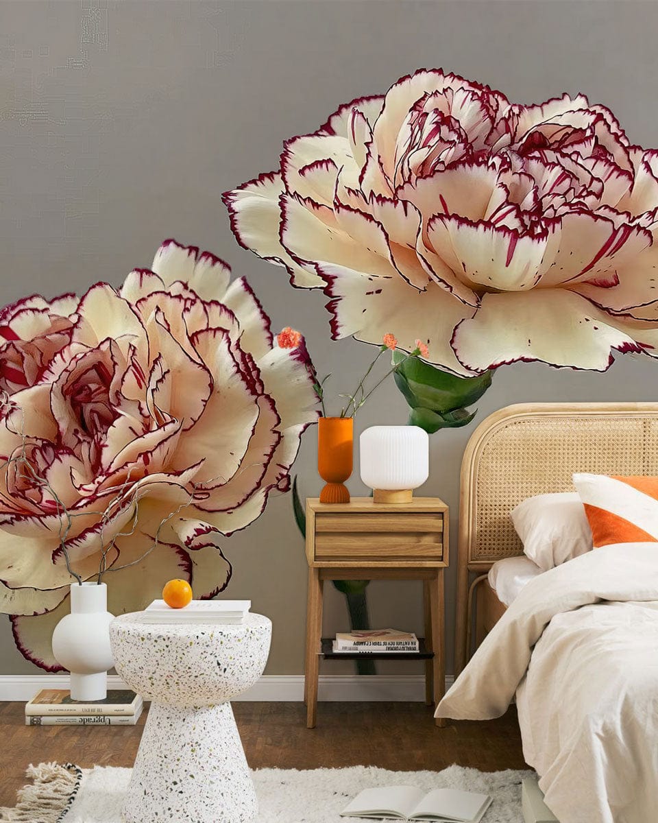 Cream Carnation Floral Elegance Wallpaper decor featuring a rattan bed, neutral bedding, wooden side table.