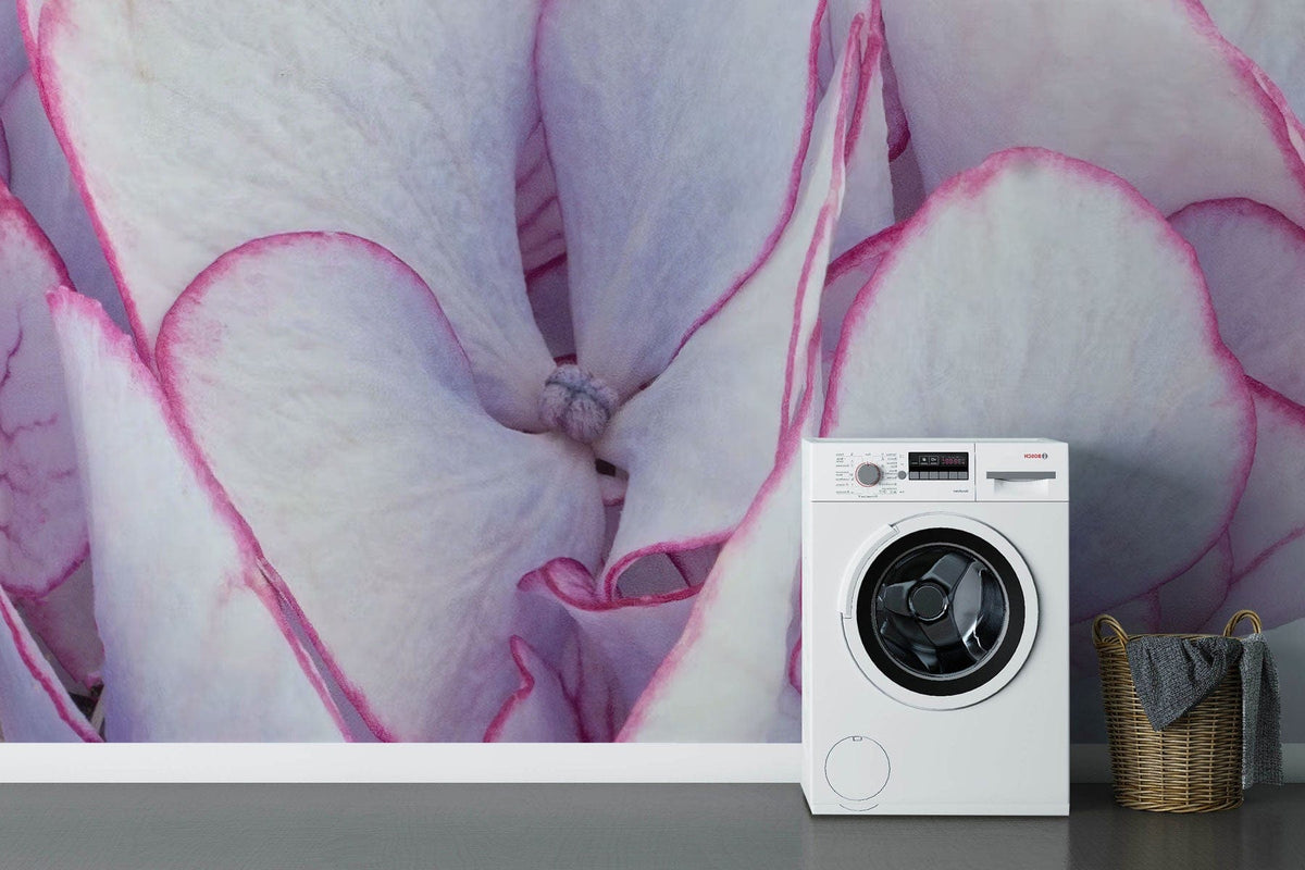 Elegant hydrangea blooms wallpaper behind modern washing machine, grey floor, basket for laundry room.