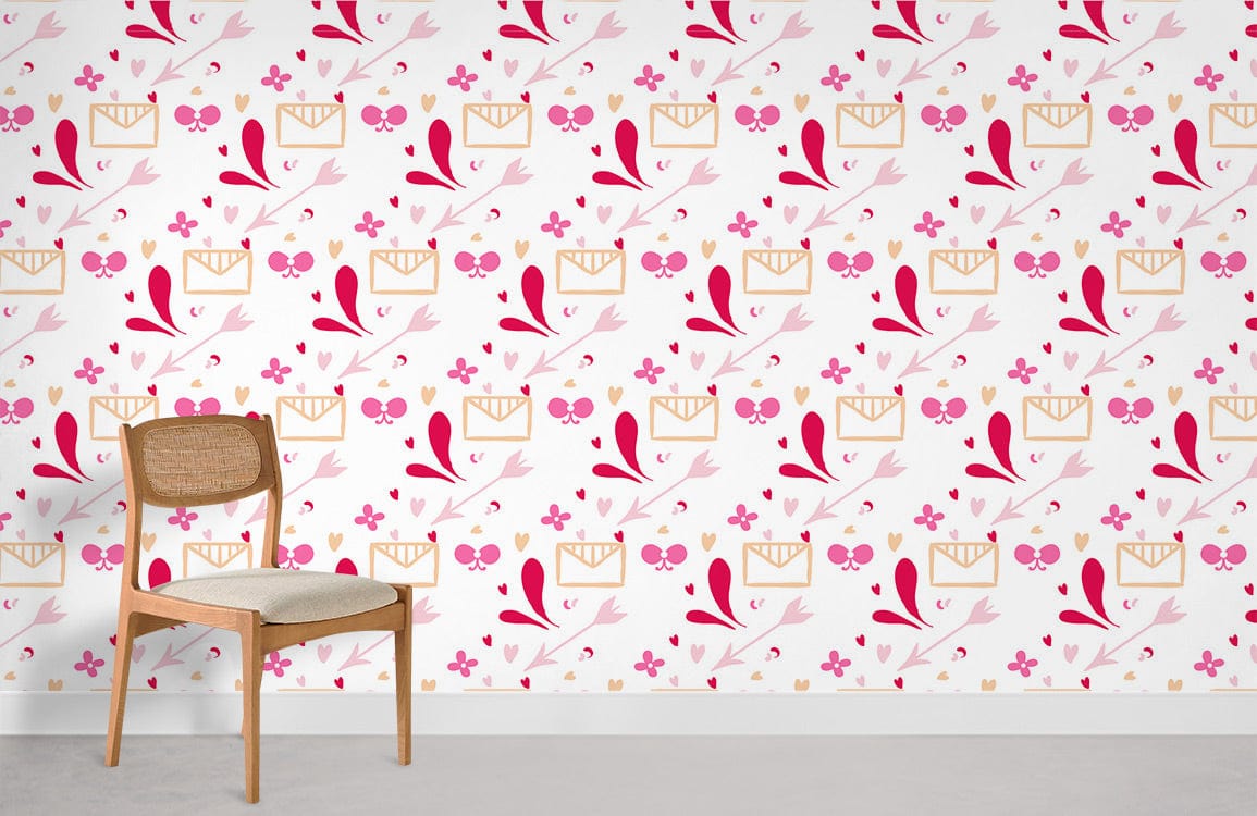 Vibrant pink floral wallpaper with modern chair in stylish interior; light grey flooring included.