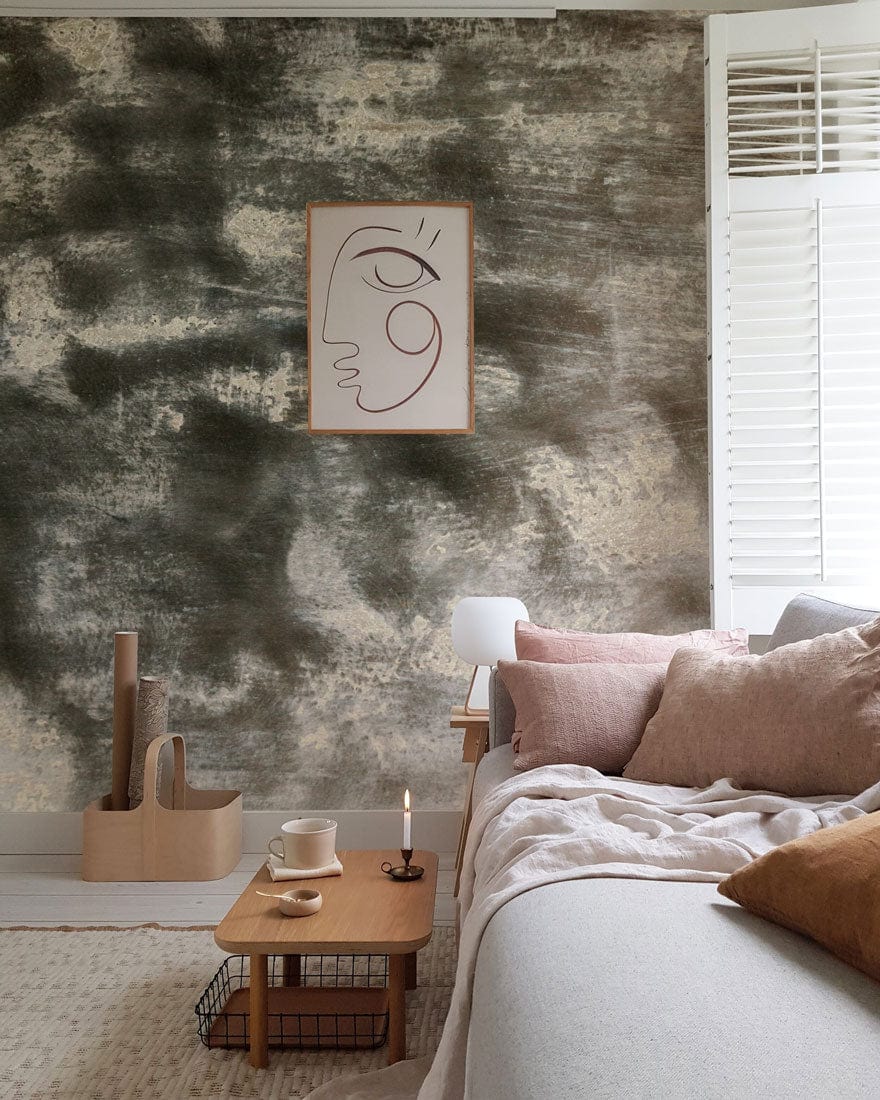 Abstract Misty Grey Textured Mural Wallpaper enhances living room with beige sofa and wooden coffee table.