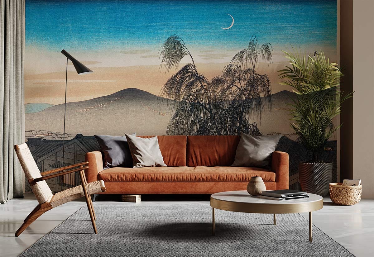 Elegant Japanese Dusk Mural Wallpaper in lounge with rust sofa, grey rug, and wooden chair.