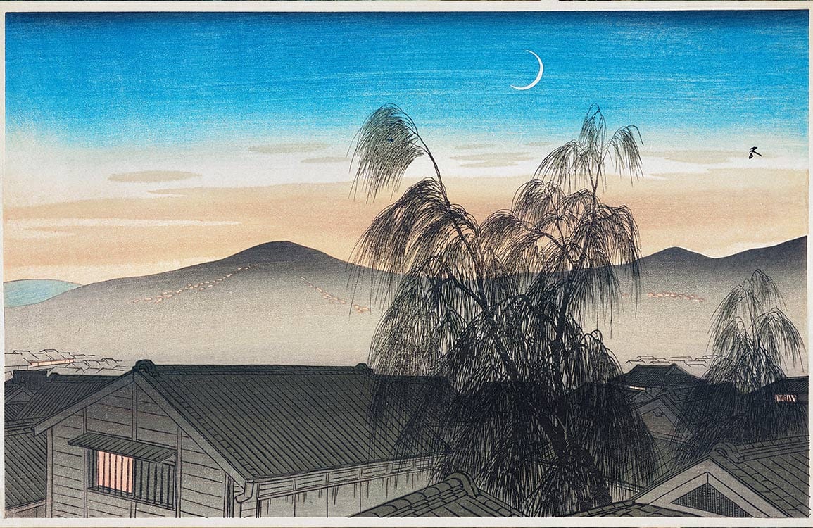 Elegant Japanese Dusk Mural Wallpaper with Blue and Earthy Tones