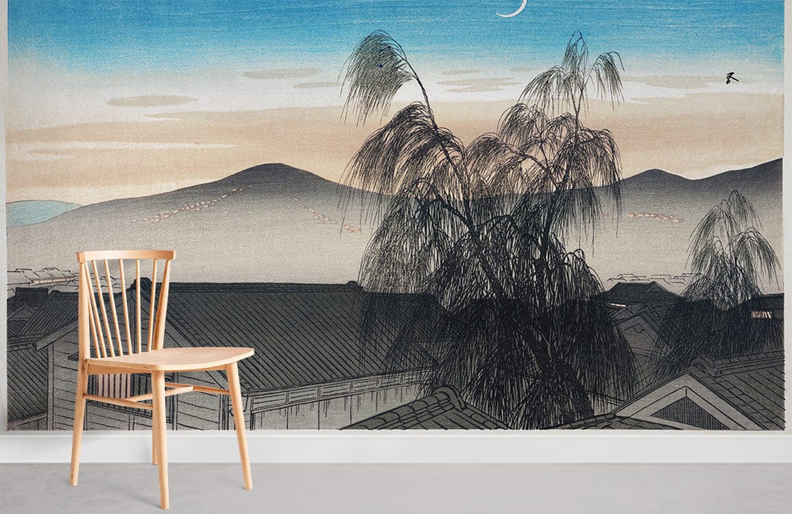 Elegant Japanese Dusk Mural Wallpaper; chair, Japanese landscape design, soft blue tones, classic elegance.