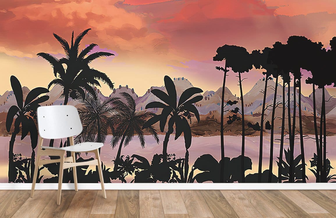 Tropical sunset wallpaper with palm trees, white chair, wooden flooring in a modern room setting.