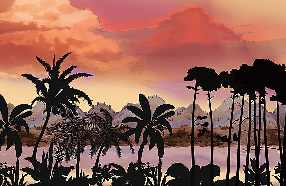 Tropical Sunset Landscape Mural Wallpaper - Vibrant Nature Scene Decor.