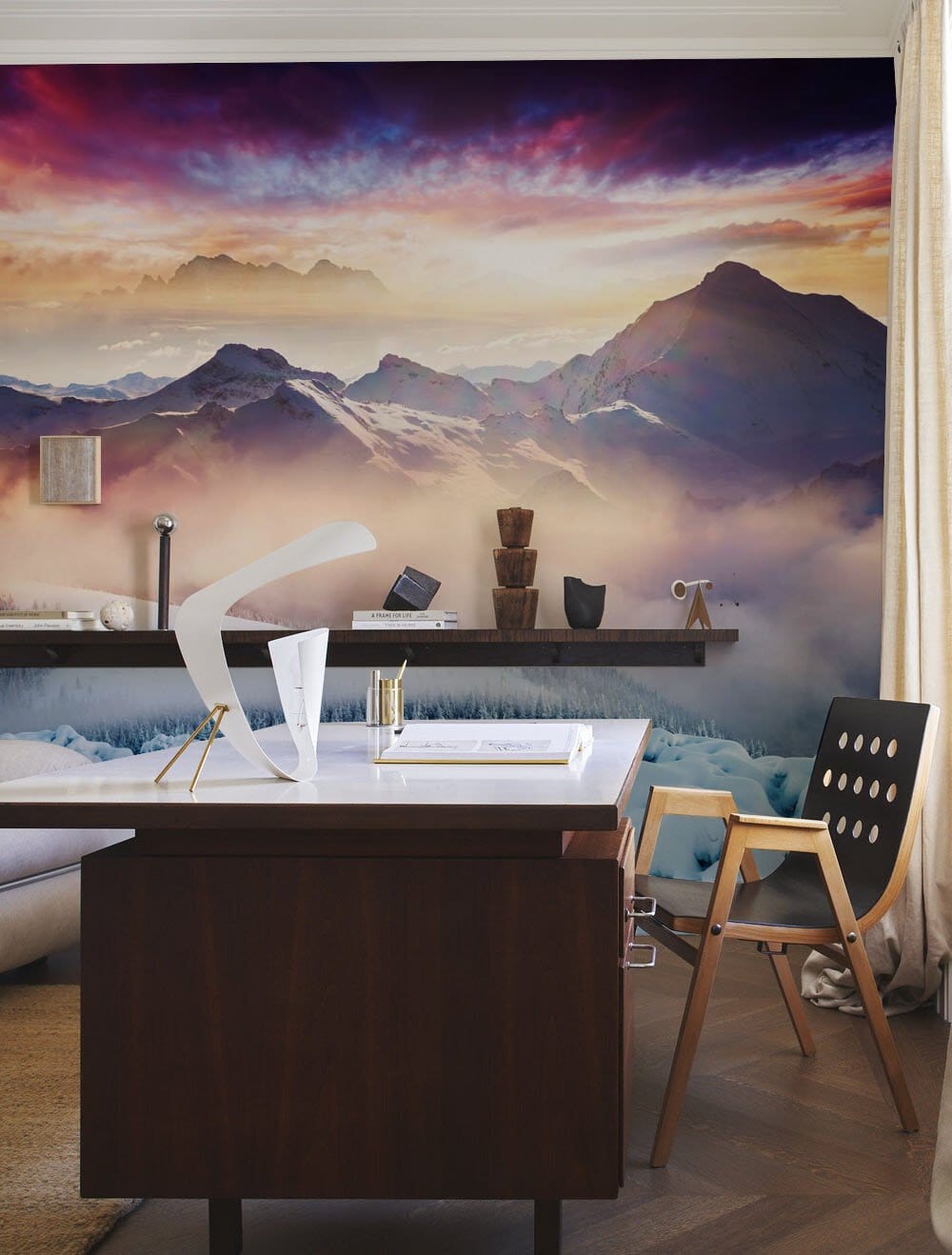 Majestic Mountain Sunrise Mural Wallpaper, office with wooden desk, modern chair, neutral flooring.