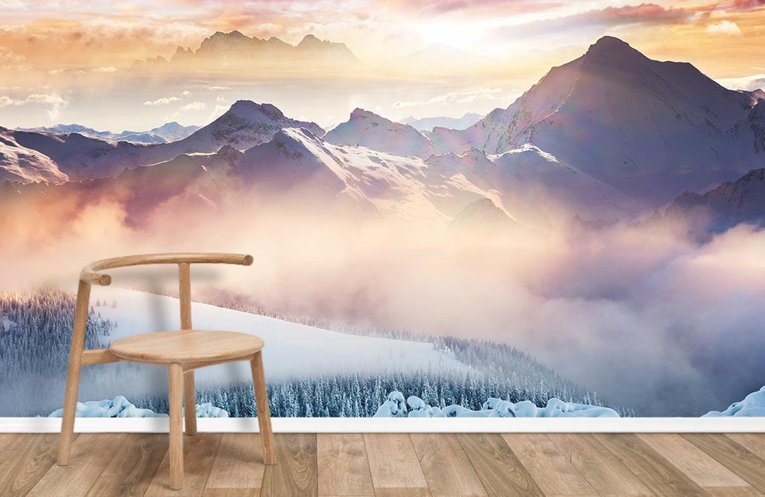 Majestic Mountain Sunrise mural, wooden chair, hardwood flooring, vibrant winter hues, serene room setting.