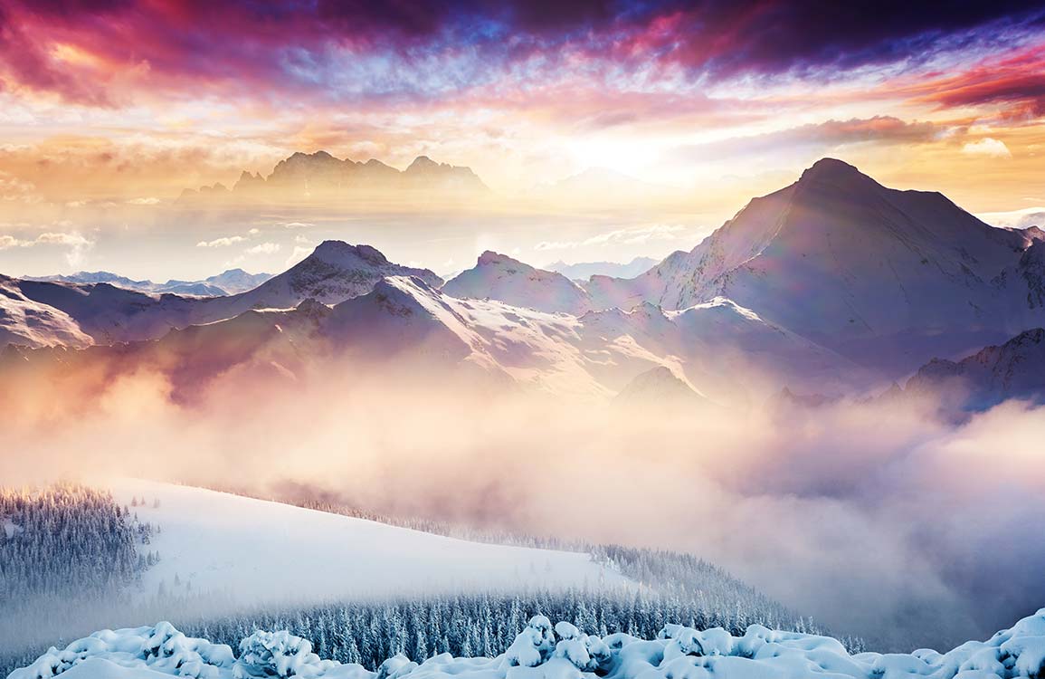 Majestic Mountain Sunrise Landscape Mural Wallpaper in Vibrant Winter Hues