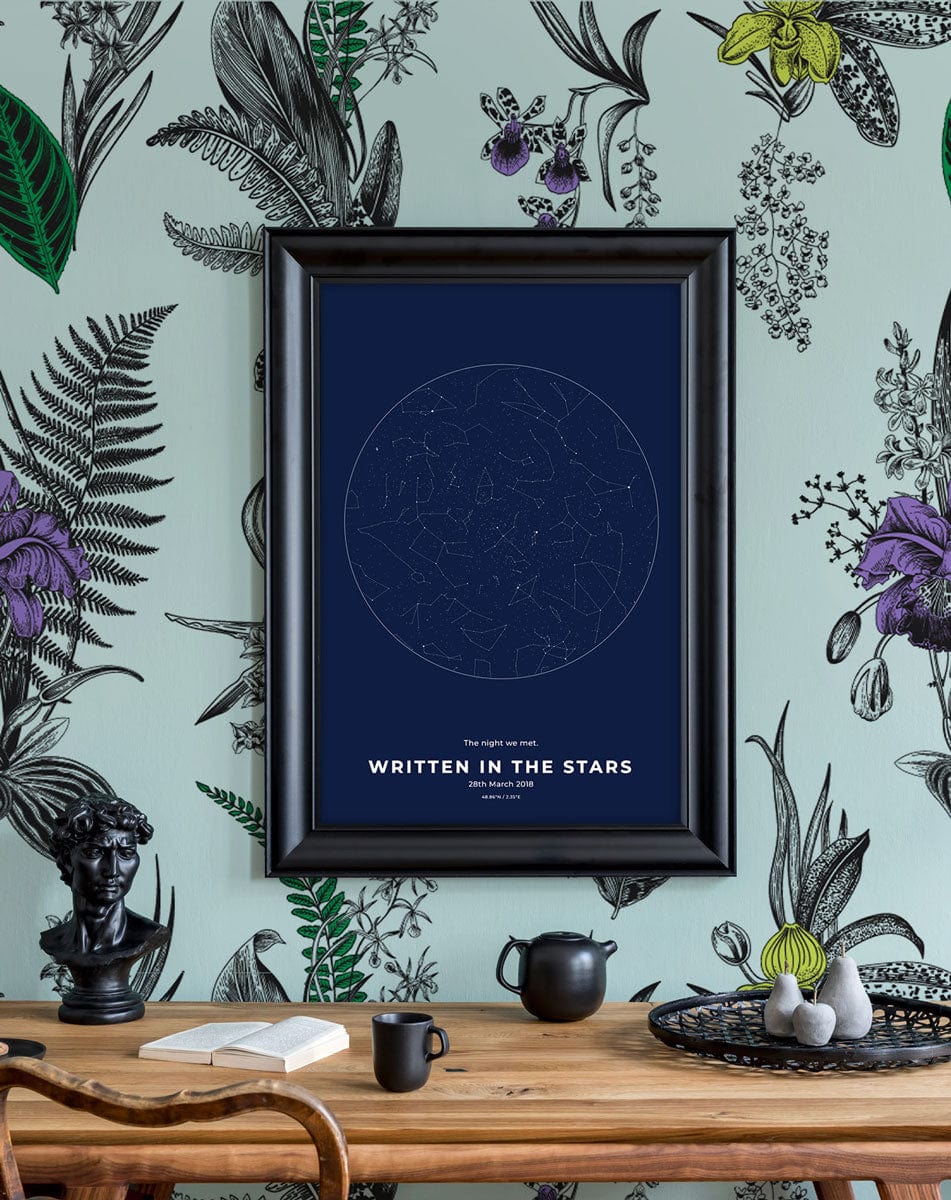 Tropical botanical floral wallpaper in green, yellow, purple; dark wood desk, framed poster decor.