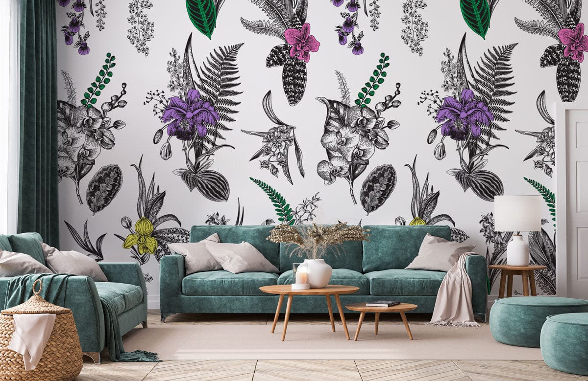 Tropical Botanical Floral Wallpaper with vibrant accents; teal sofa, light wood flooring, eclectic living room.