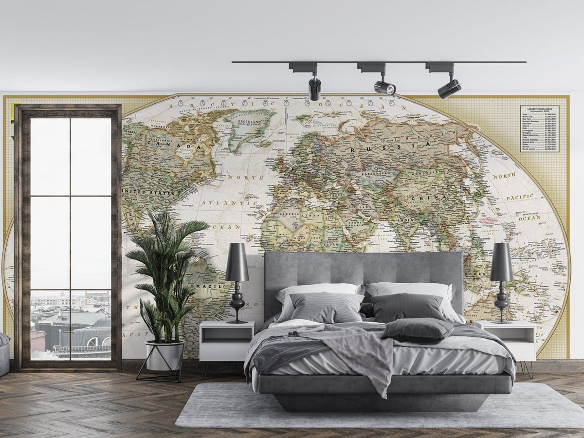 Vintage World Map Wall Mural with grey bed, hardwood flooring, minimalist decor, and contemporary lighting.