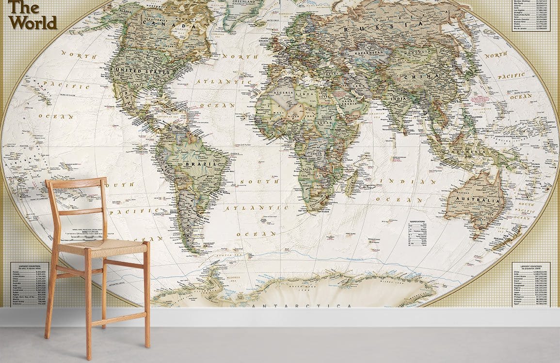 Vintage world map wallpaper, beige nautical design, wooden chair, grey flooring, neutral wall setting.