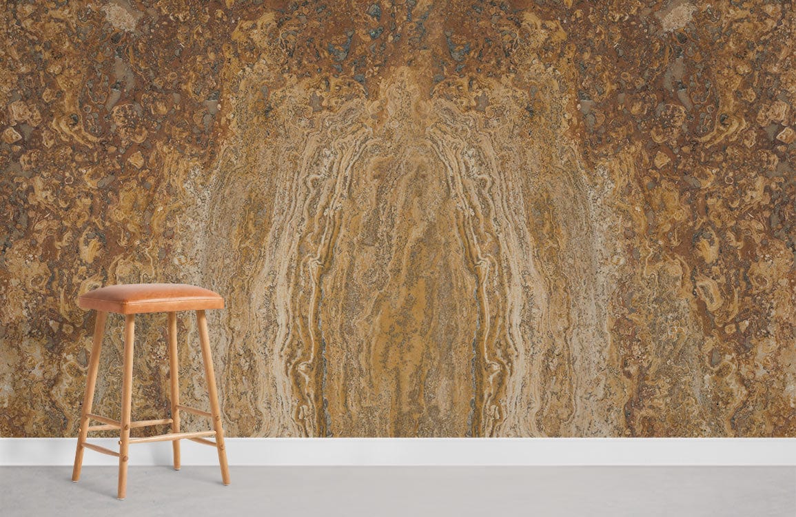 Rustic Earth Tones Marble Wallpaper with modern stool and neutral flooring enhances elegant home decor.