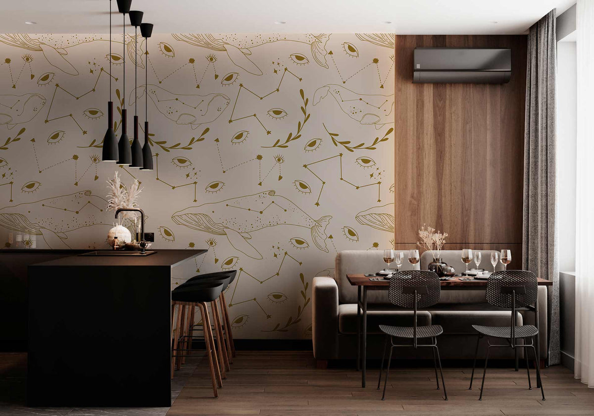 Whale Constellation Beige Wallpaper in dining room, black island, light grey sofa, dark wood flooring.
