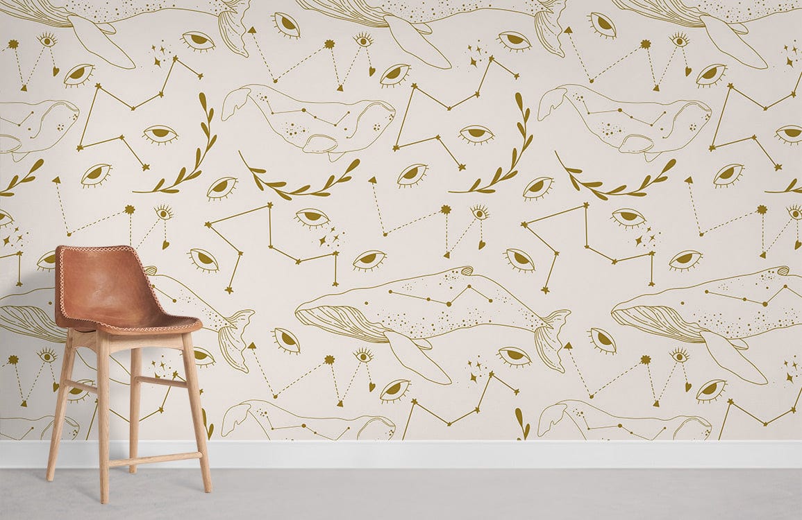 Whale Constellation Beige Wallpaper, minimalist nautical design, featuring brown leather chair and light flooring.