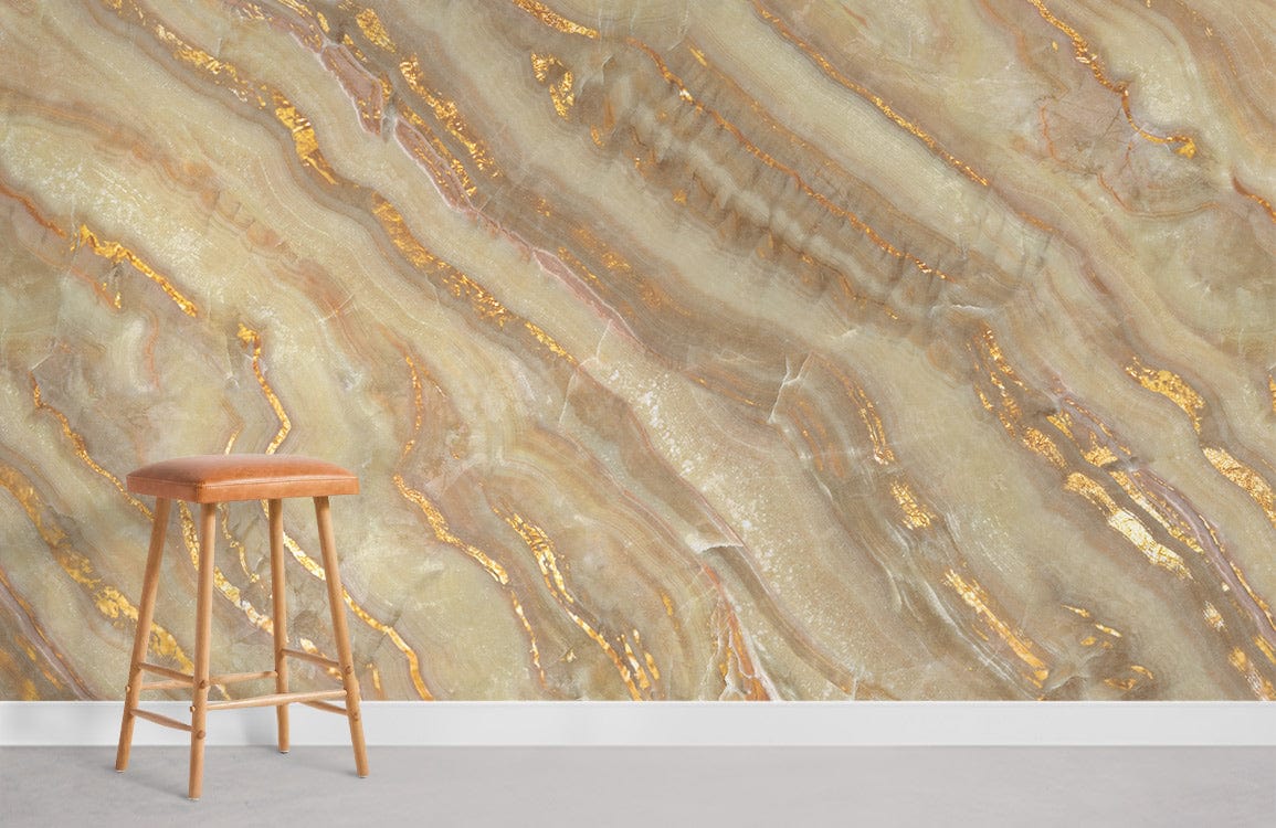 Golden Marble Effect Luxury Wallpaper, earthy tones, elegant interior, wooden stool, grey flooring.