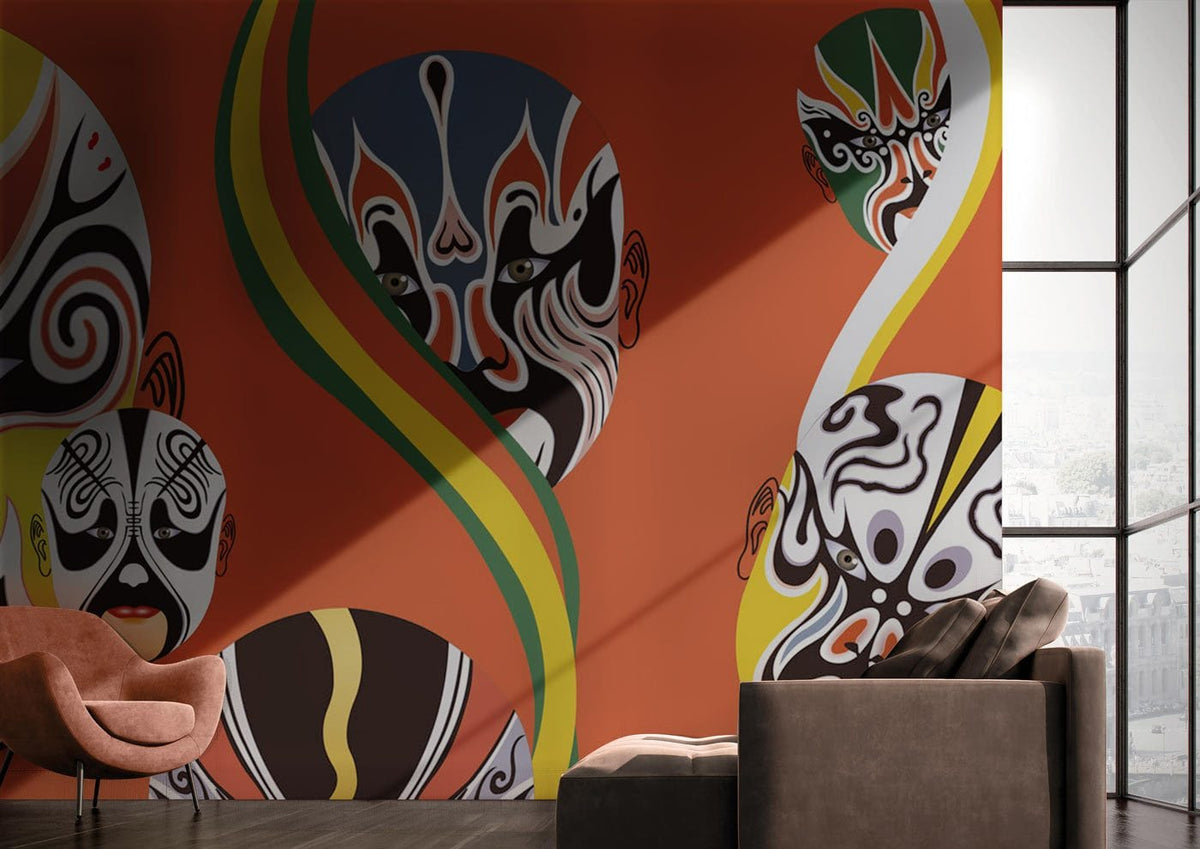 Bold red oriental mask wallpaper, modern lounge room, grey sofa, wooden flooring, orange accent chair.