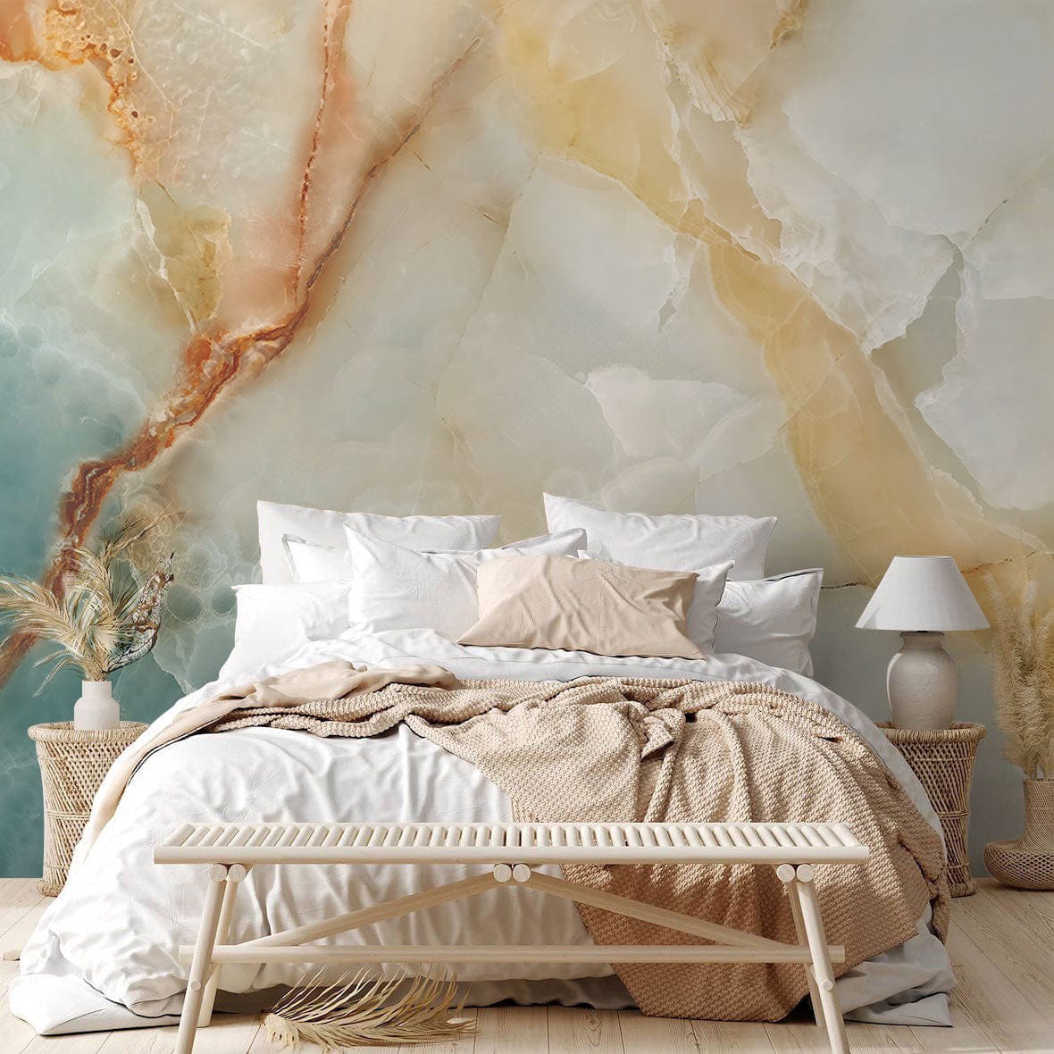 Luxurious bedroom with Elegant Turquoise and Amber Marble Effect Mural Wallpaper, neutral bed, and modern lamp.