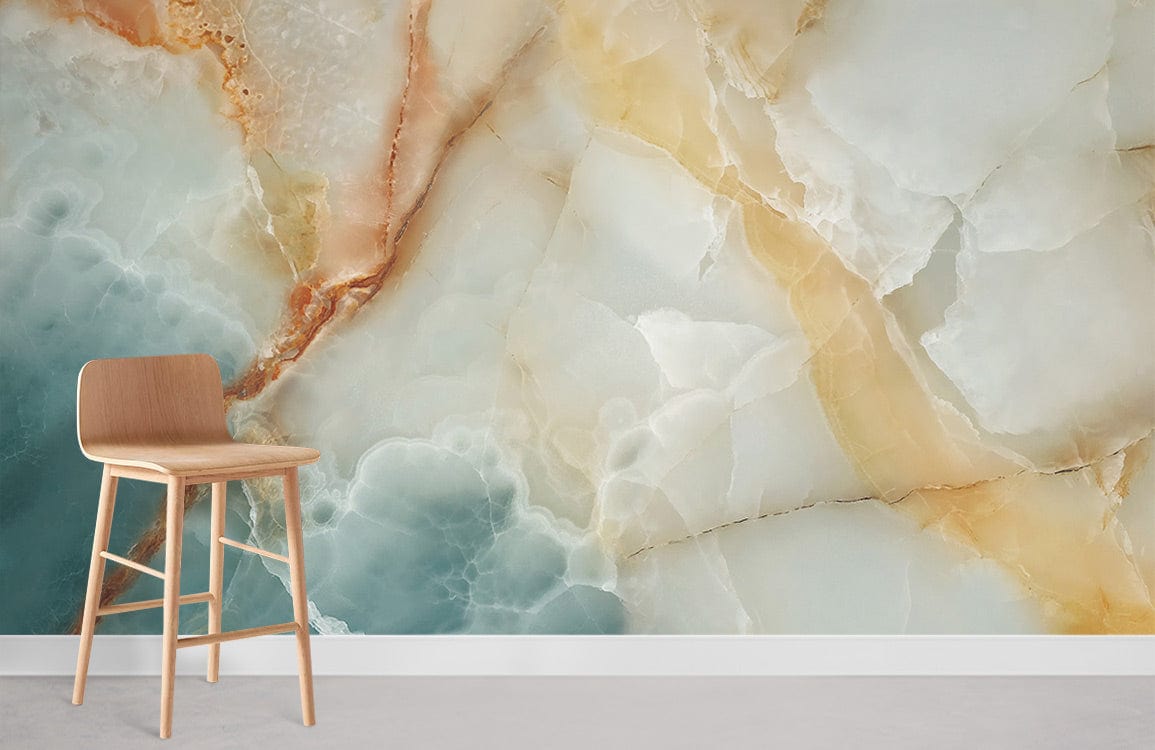 Elegant turquoise and amber marble effect mural wallpaper with wooden chair in modern room setting.