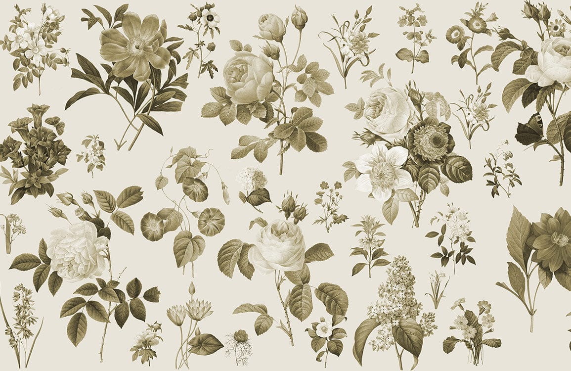 Vintage Sepia Floral Garden Botanical Pattern Wallpaper for Classic Interiors
