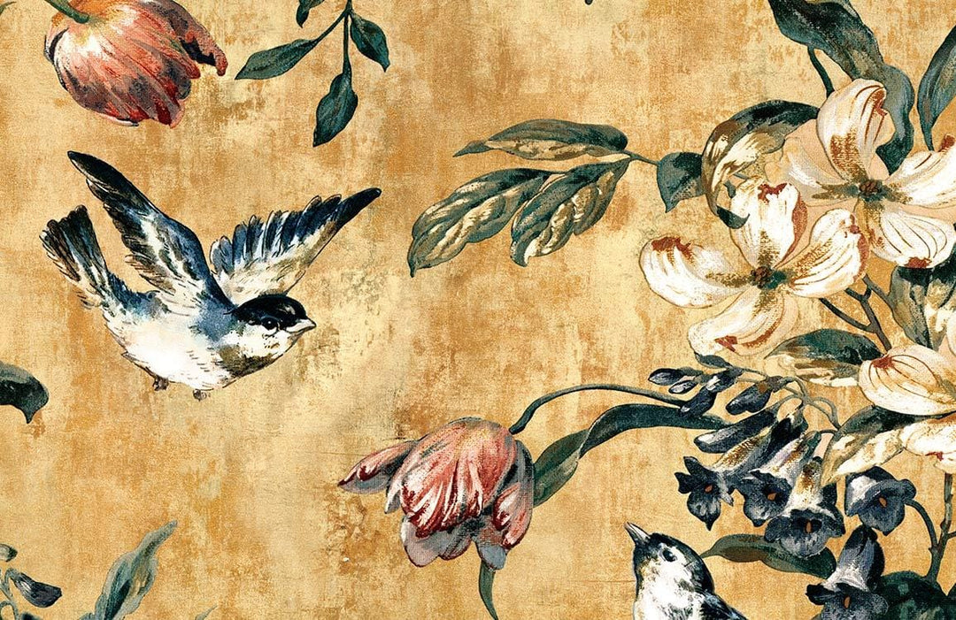 Floral Bird Harmony Vintage Wallpaper in Warm Earth Tones - Nature's Elegance