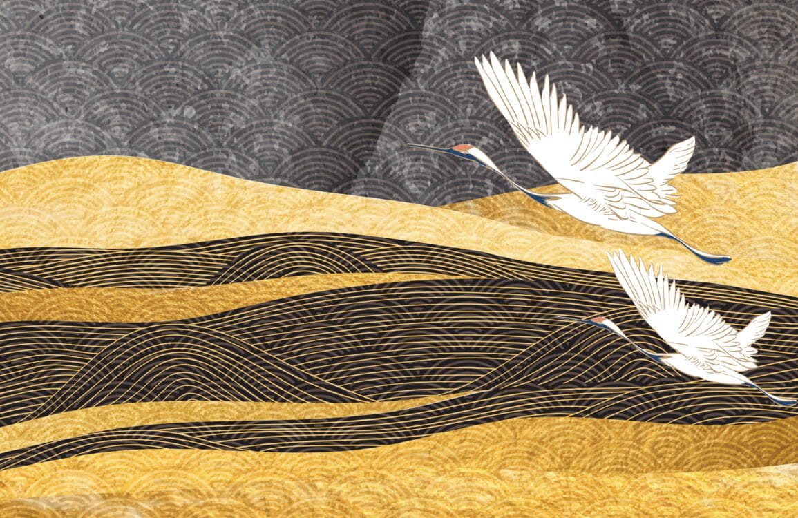 Elegant Gold and Grey Crane Mural Wallpaper with Wave Patterns